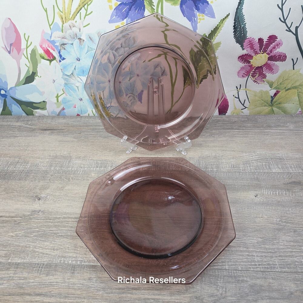 Hazel Atlas Moroccan Amethyst Purple Glass 9.5" Dinner Plates Set Of 2 Octagon